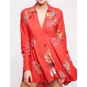 Free People XS Field of‎ Butterflies Red Tunic Mini Dress Floral Long Sleeve